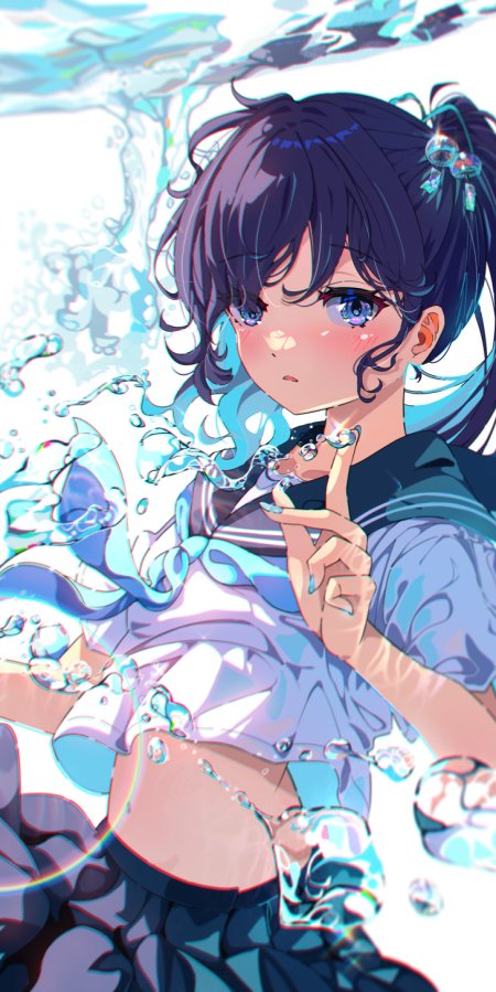 少女水花飞溅蓝紫渐变唯美插画手机壁纸
