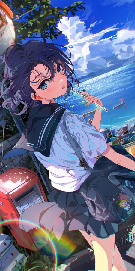 少女水手服海边吹笛蓝白清新动漫手机壁纸