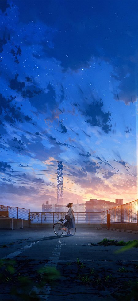 少女屋顶推车仰望星云蓝紫渐变动漫手机壁纸