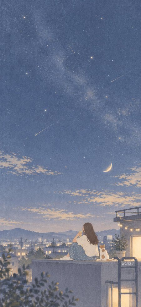 少女屋顶观星伴猫夜空流星蓝紫插画手机壁纸