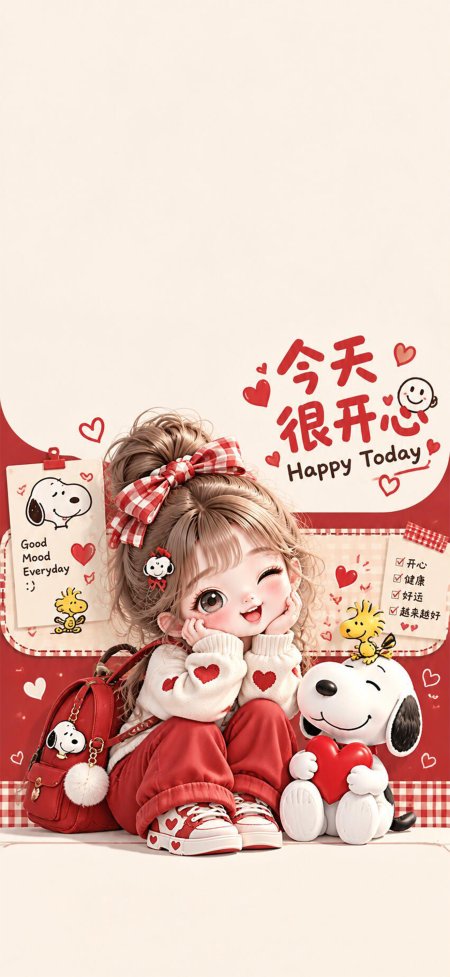 史努比联名可爱少女扎高马尾红白格纹蝴蝶结动漫手机壁纸