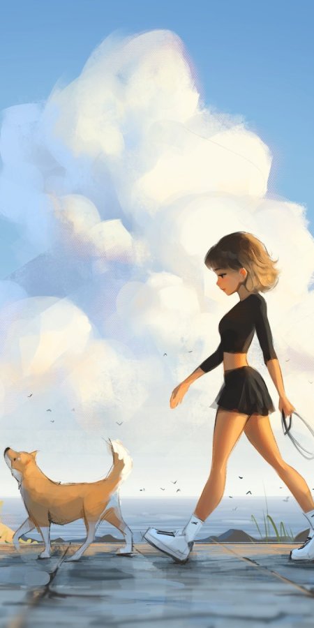 少女与柴犬海边漫步蓝白清新动漫手机壁纸