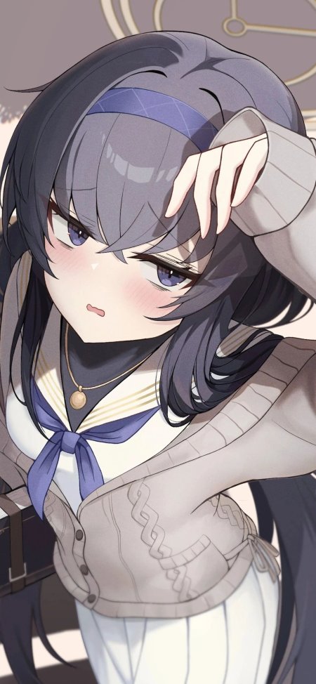 蔚蓝档案古关忧灰发蓝瞳少女侧颜微羞灰紫动漫手机壁纸