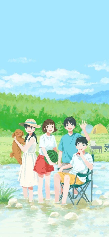 夏日溪边四人露营动漫少女少年抱狗持瓜蓝绿清新动漫手机壁纸