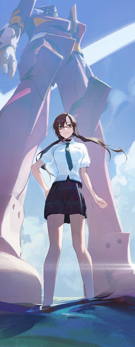 新世纪福音战士真希波玛丽眼镜少女校服站立蓝紫动漫手机壁纸