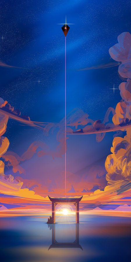 星空鸟居光柱贯穿深蓝紫橙渐变奇幻插画手机壁纸