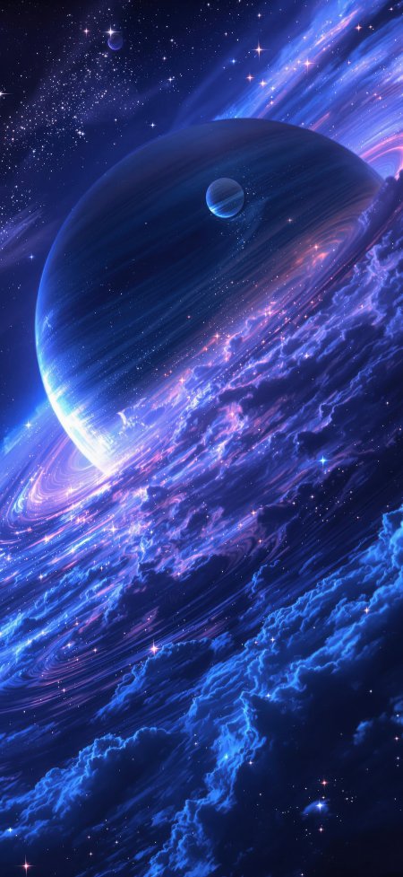 星云环绕巨行星蓝紫光晕璀璨暗蓝太空科幻手机壁纸