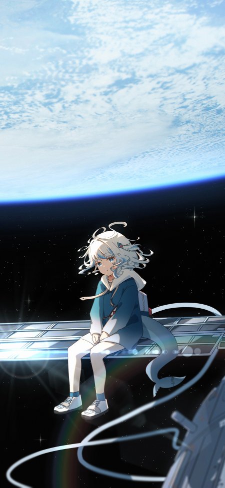 银发少女坐太空站地球背景蓝白科幻动漫手机壁纸