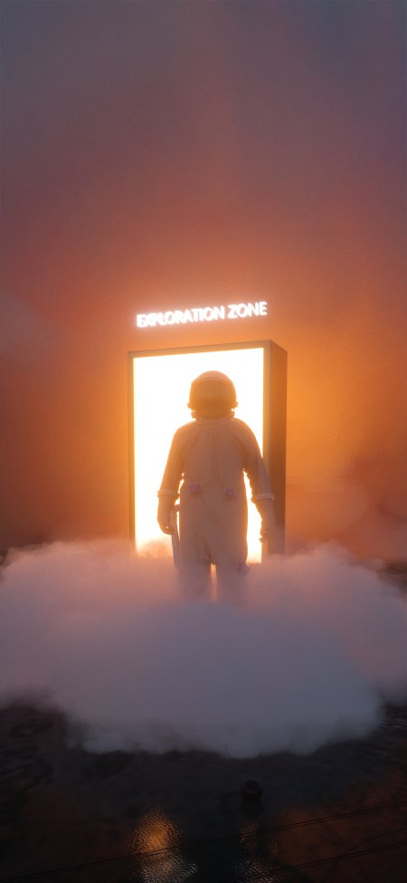 宇航员站立探索区光门橙紫渐变太空科幻手机壁纸