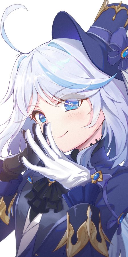 原神芙宁娜白发蓝眸微笑掩面蓝金服饰少女动漫手机壁纸