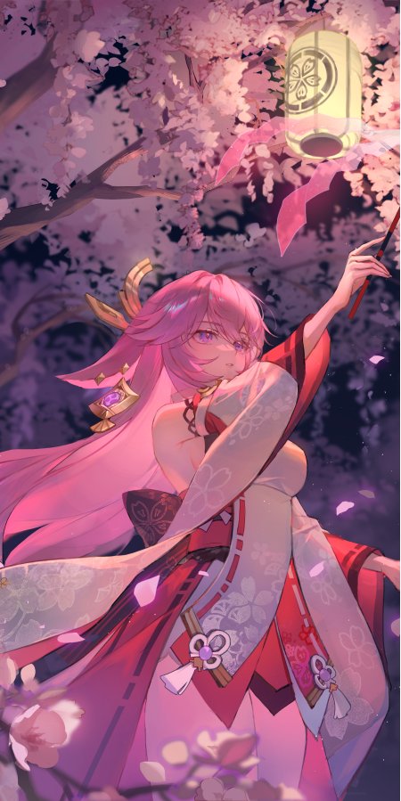 原神八重神子樱花灯影粉紫动漫手机壁纸