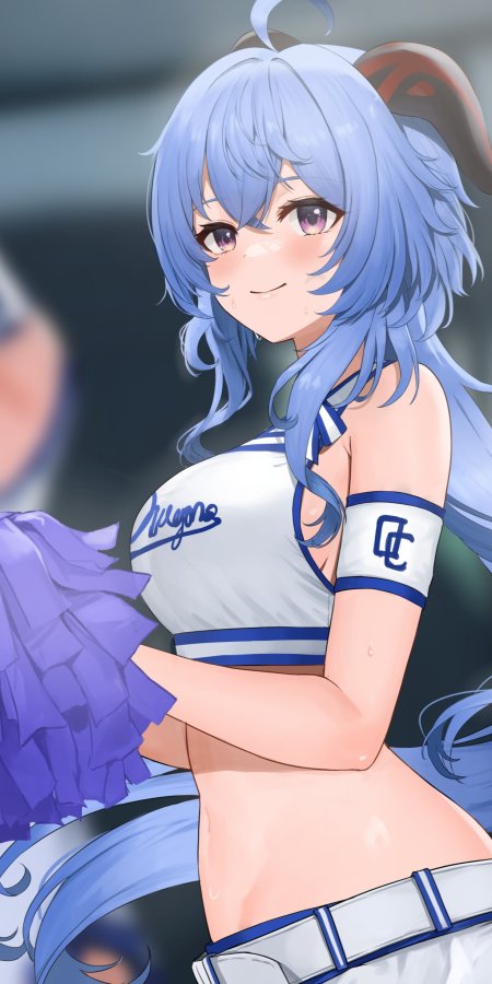 原神甘雨啦啦队造型蓝发少女微笑持紫彩球蓝白动漫手机壁纸
