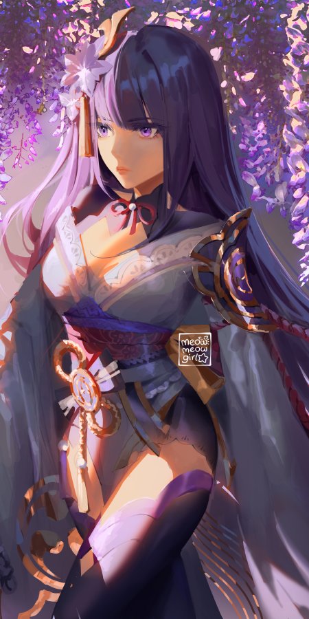 原神雷电将军紫发和服少女樱花背景粉紫动漫手机壁纸
