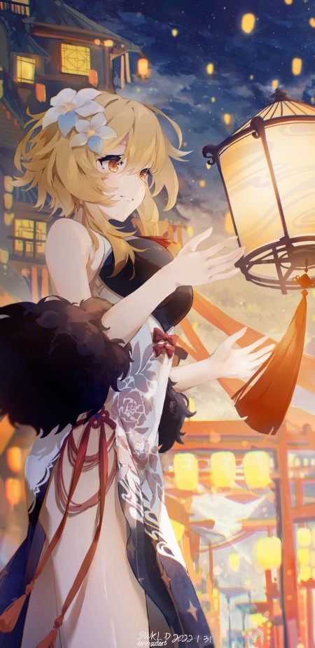 原神流萤夜市提灯少女暖金动漫手机壁纸