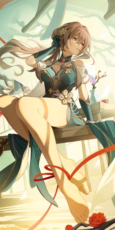 原神闲云青绿华服少女倚栏休憩暖金动漫手机壁纸