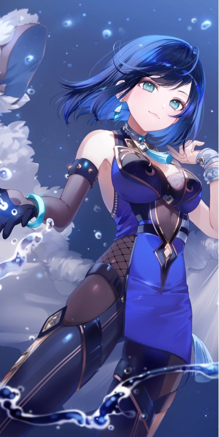 原神夜兰蓝发水元素少女微笑姿态蓝紫调动漫手机壁纸