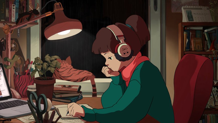 Lofi Girl 风格少女戴耳机伏案书写暖棕动漫电脑壁纸