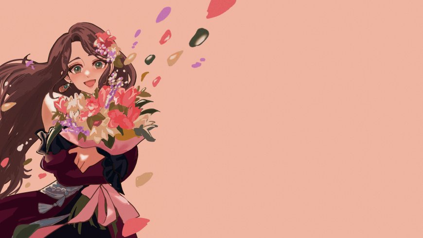 少女手持花束花瓣飞舞粉紫唯美动漫电脑壁纸