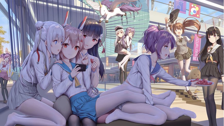 碧蓝档案多位少女商场互动粉紫动漫电脑壁纸