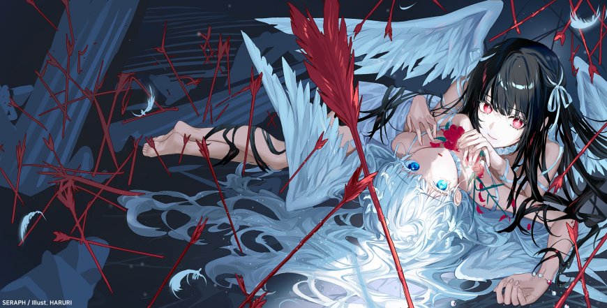 插画黑发红眼少女怀抱白发天使蓝白暗黑动漫电脑壁纸