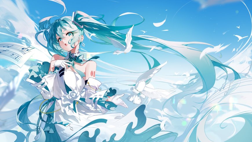 初音未来蓝发白裙飞鸟乐谱蓝白动漫电脑壁纸