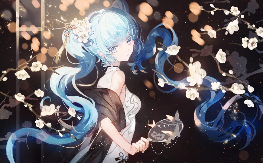 初音未来蓝发少女持鱼灯樱花纷飞暗金唯美动漫电脑壁纸