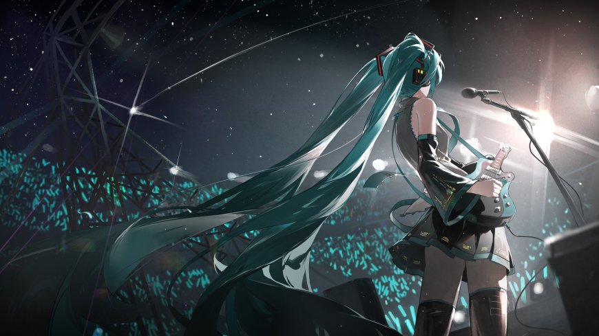 初音未来演唱会舞台青绿长发少女持电吉他动漫电脑壁纸