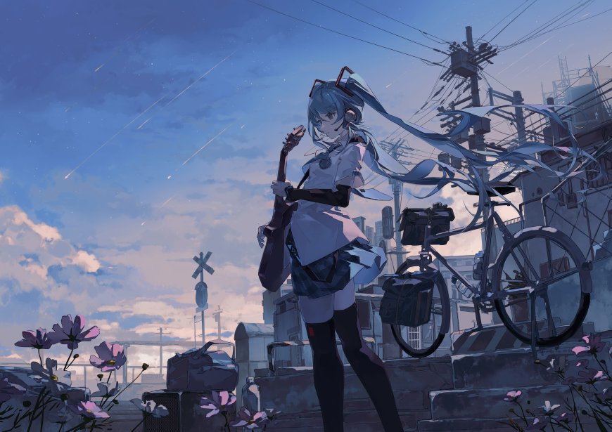 初音未来蓝发双马尾持吉他少女城市废墟动漫电脑壁纸