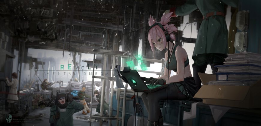 粉发少女戴耳机操作绿光笔记本废墟工坊场景暗灰科幻动漫电脑壁纸