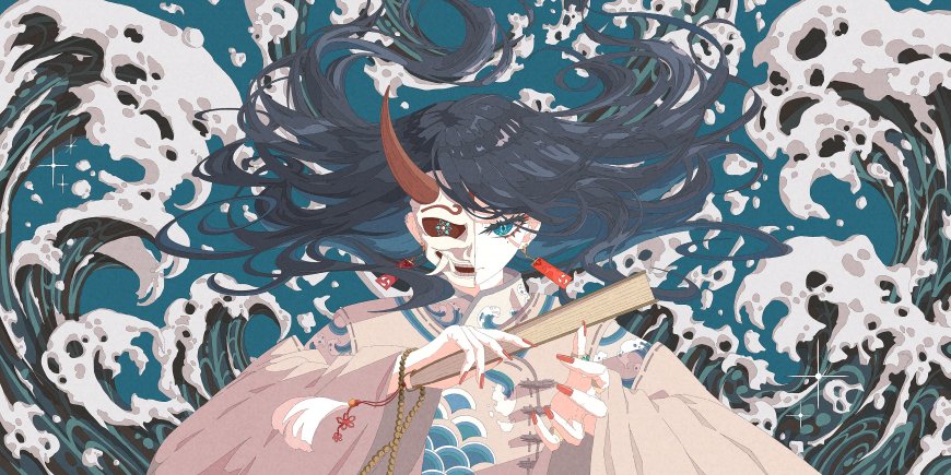 鬼面少女长发飞扬手持卷轴蓝白浪涛动漫电脑壁纸