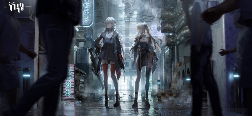 国产手游《行界》双少女霓虹雨巷蓝紫科幻动漫电脑壁纸