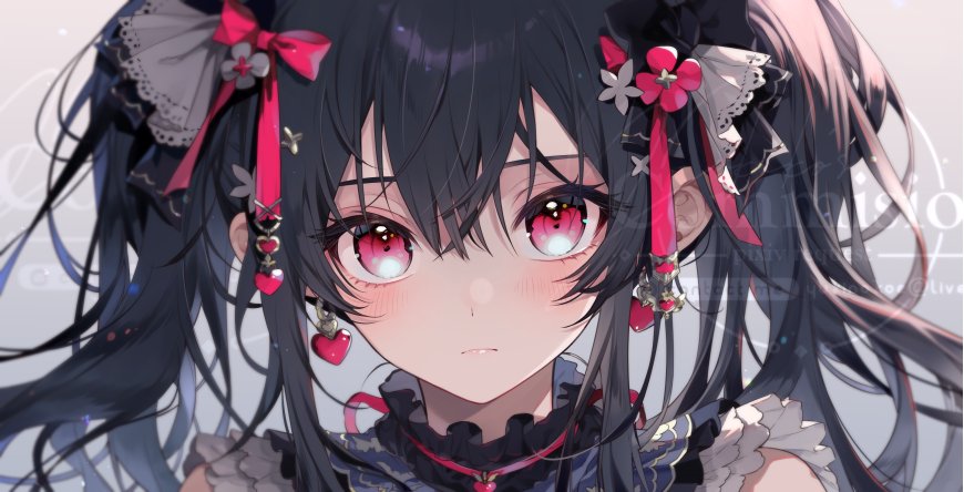 黑发红瞳少女蕾丝蝴蝶结粉紫动漫电脑壁纸