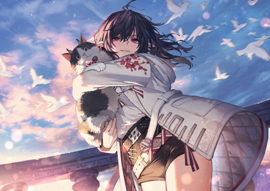 黑发红瞳少女怀抱三花猫樱花纹样和风服饰粉蓝梦幻动漫电脑壁纸