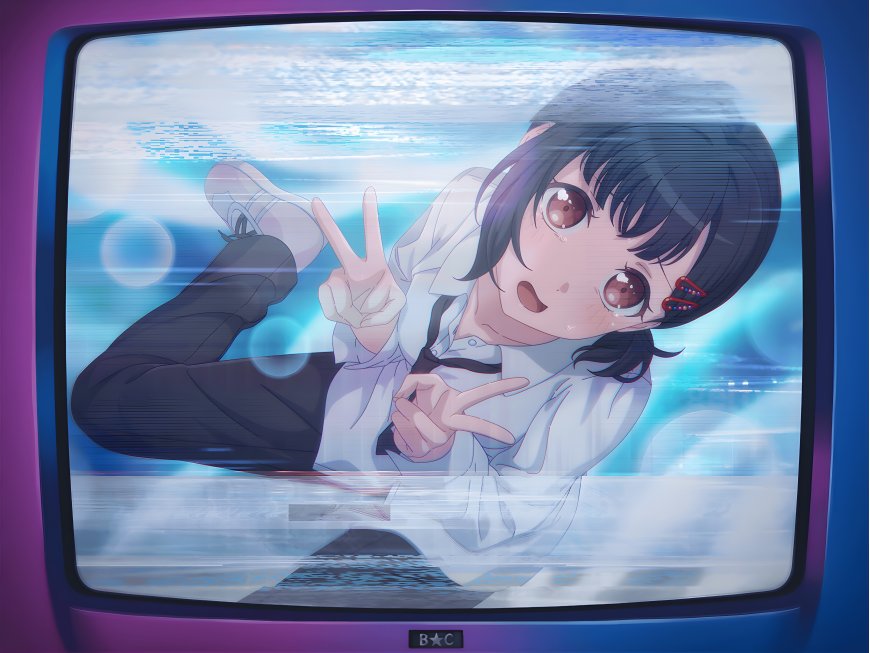 黑发少女白衬衫比耶蓝紫故障风动漫电脑壁纸