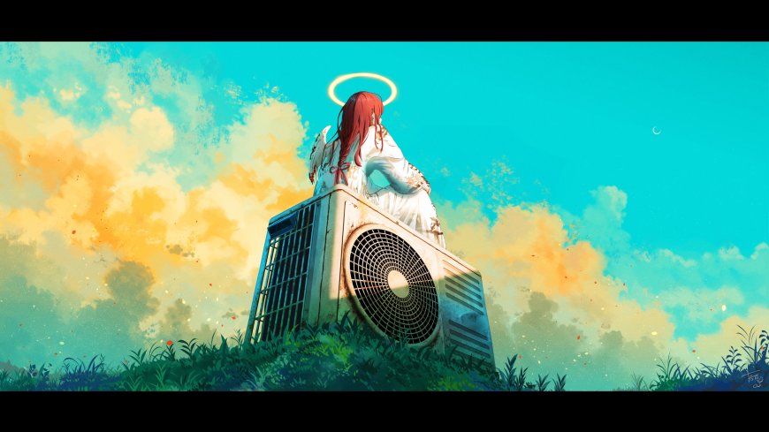 红发天使少女坐空调外机青黄云霞动漫电脑壁纸