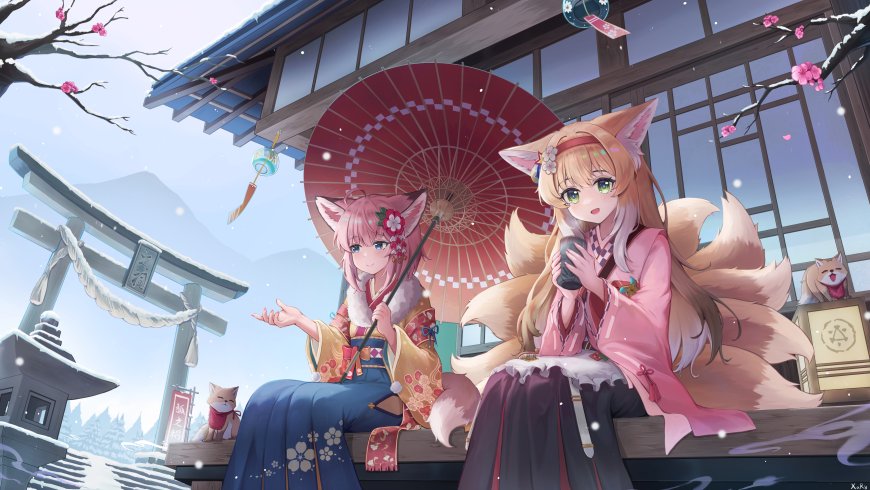 狐耳少女和服雪景神社粉白动漫电脑壁纸