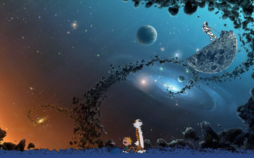 卡尔文与霍布斯虎太空冒险星云陨石蓝橙科幻电脑壁纸