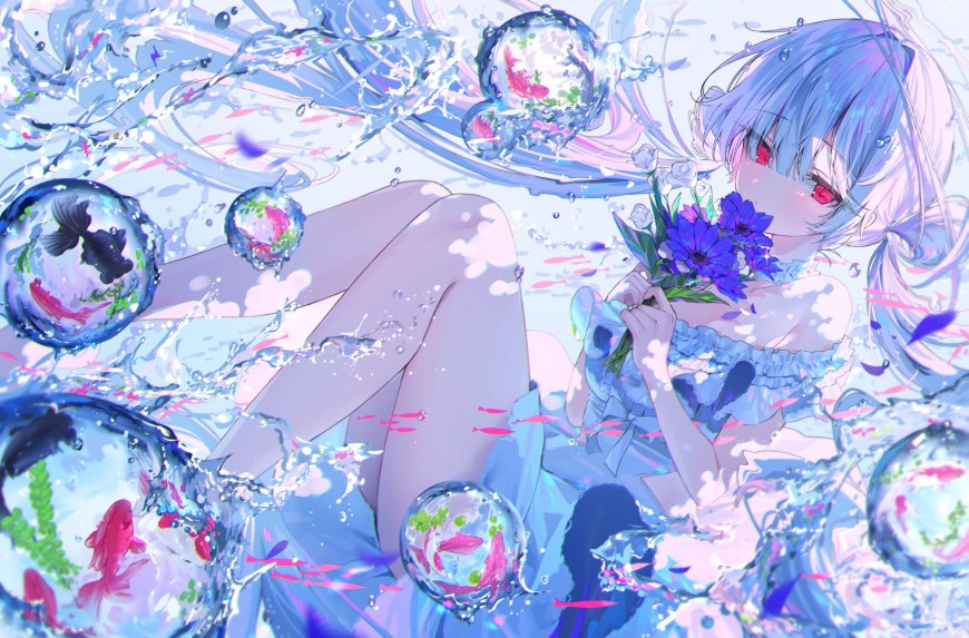 蓝发红瞳少女手持紫花水中漂浮气泡鱼群蓝紫梦幻动漫电脑壁纸