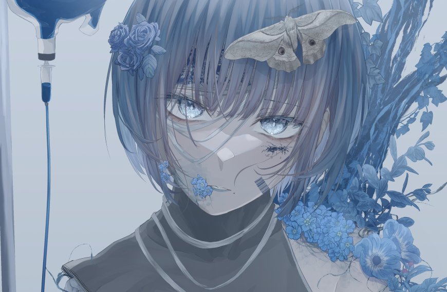 蓝发少女眼含泪光蝶驻发间蓝白花卉环绕动漫电脑壁纸