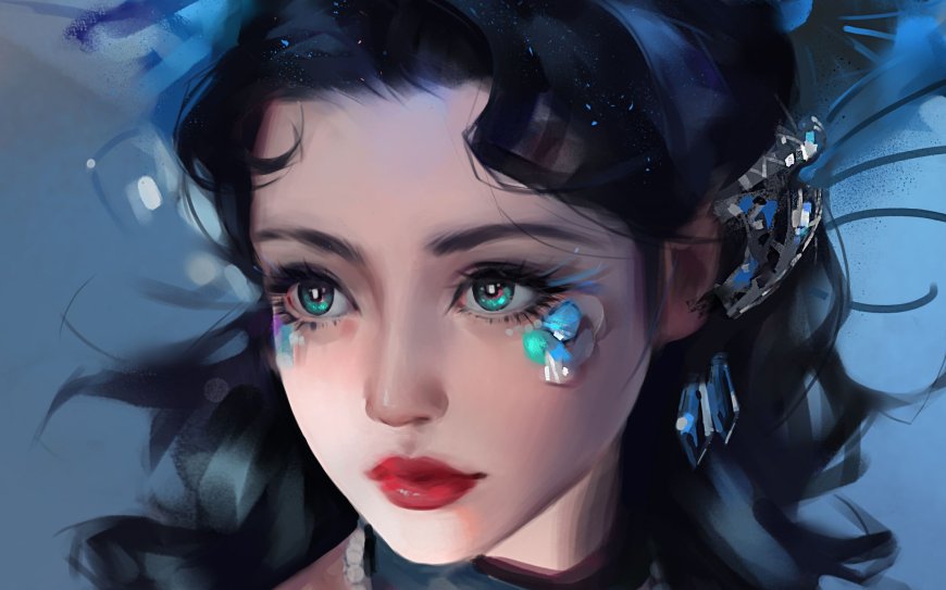 蓝眸少女泪晶闪烁蓝紫梦幻手绘动漫电脑壁纸