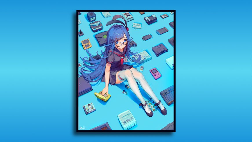 蓝发眼镜少女坐地环绕复古游戏机青蓝动漫电脑壁纸