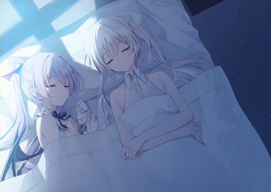 两位银发少女同床安睡蓝紫梦幻动漫电脑壁纸