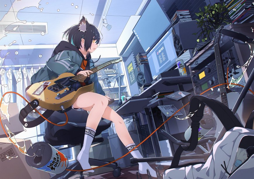 猫耳少女弹奏电吉他蓝灰科技风动漫电脑壁纸
