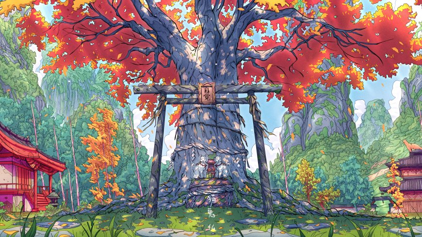 秋日神社巨树红叶纷飞猫灵守御蓝绿动漫电脑壁纸