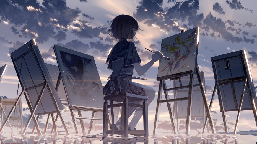 少女坐椅绘画夕阳云海蓝紫唯美动漫电脑壁纸