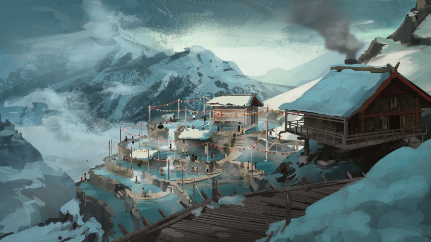 雪山温泉村落木屋错落冬季唯美插画电脑壁纸