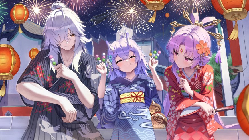 崩坏：星穹铁道同人夏日祭典烟花夜景紫粉动漫电脑壁纸