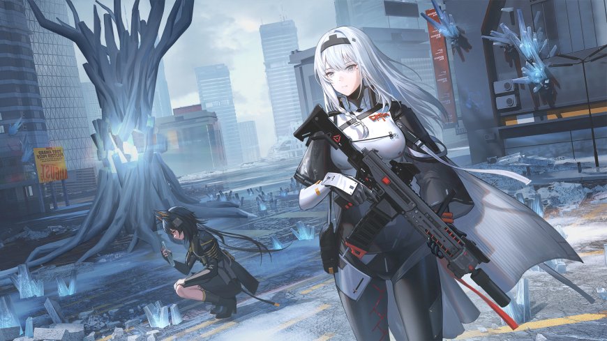 少女持枪站立废墟城市银灰科幻动漫电脑壁纸
