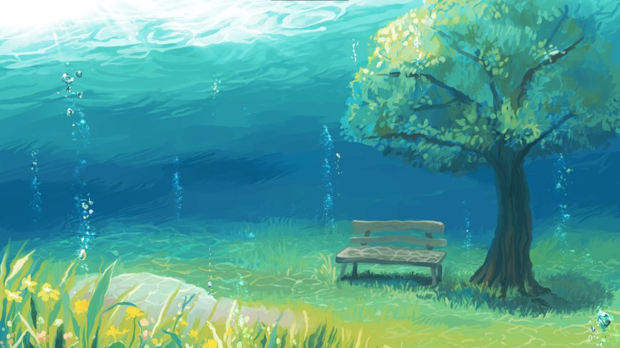水下森林长椅绿树黄花青蓝梦幻插画电脑壁纸