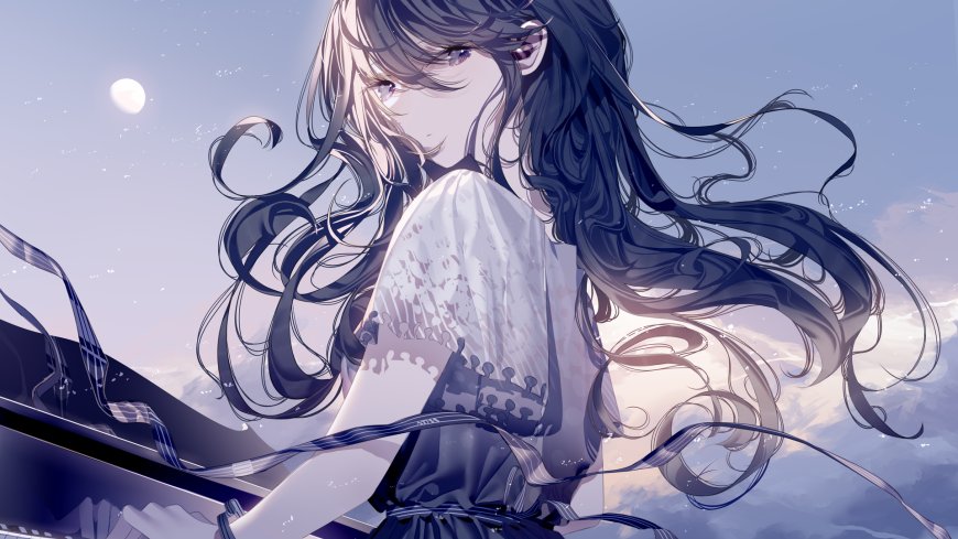 长发少女侧身回眸紫灰渐变动漫电脑壁纸